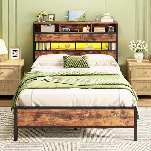 IRONCK Small Double Bed Frame with Storage Headboard, 3-Tier Shelves | 120x190 cm, Ambient LED Lights, Charging Station ( 2 UK Sockets + USB-A & USB-C Ports), Underbed Space,4ft Metal Bed Bedroom
