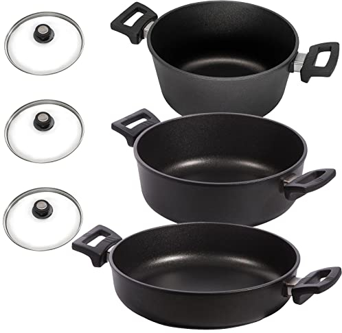 Eurolux Universal-Topf-Set Aluguss beschichtet 6-tlg. - Gusstöpfe inkl. Schmortopf & Kasserolle & Deckel 24/26/28 cm (Edelstahlrand) - ohne Induktion - Made in Germany
