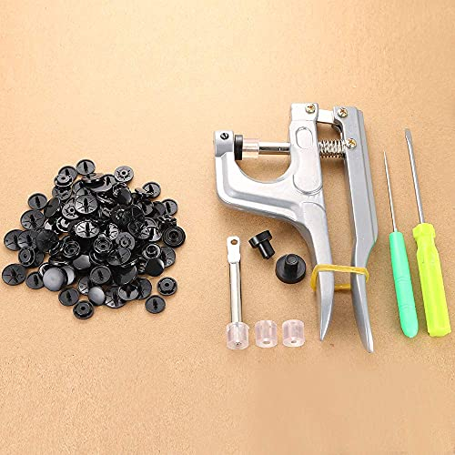Schwarze Druckknöpfe aus Kunststoff, Größe 24, T8, Druckknöpfe mit Druckzange für Kunststoffknöpfe, Nähknöpfe für Stoffwindeln, Lätzchen, Papierhandtücher (100 schwarz + Zange)