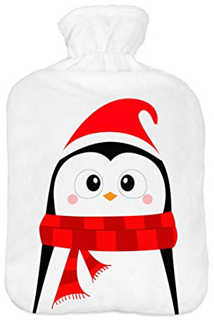 Wärmflasche mit Pullover Bezug 2 Liter Bettflasche mit schönen Fleece-Druck Bezug Gummi Wärmflasche mit Deckel Pinguin 2 [092]