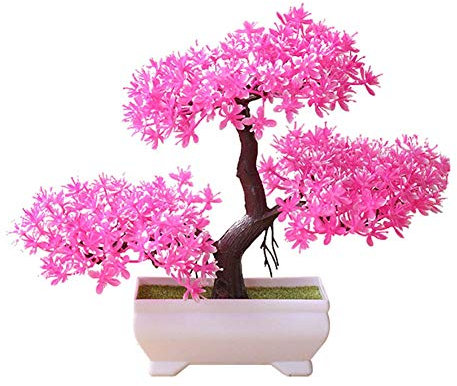 SuperglockT Künstliche Pflanzen Kunstbonsai Baum Mini Künstlicher Zeder Baum im Topf Kunststoff Zimmerpflanzen Deko für Hochzeit Büro Küche 26cm Hohe (Rosa)