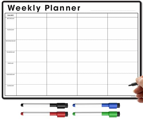 TMS A4 Magnetic Weekly Planner for Fridge | Meal Planner Whiteboard and Calendar | Memo Board or Organiser for Daily Tasks or Business Plans in Offices | with 4 Dry Erase Marker Pens