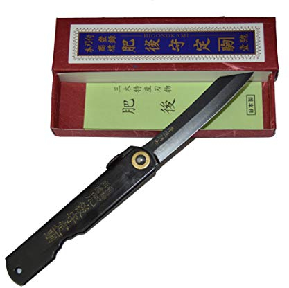 HIGO NO KAMI Higonokami Couteau de Poche Pliant Artisanal Japonais Warikomi All Black Couteau Estampillé Fait Main au Japon par Nagao Kanekoma Acier Bleu à Haute Teneur en Carbone