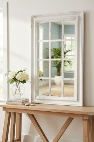 DEENZ White Rectangle Window Style Wall Mirror Durable Frame,Indoor/Outdoor 43X73Cm
