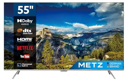 Metz Smart TV, Serie MUC7000, 55 (139 cm), 4K UHD, Versione 2022, Wi-Fi, Android 10.0, HDR10/HLG, HDMI, ARC, USB, Slot CI+, Dolby Vision, DVB-C/T2/S2, HEVC MAIN10, Google Assistant, Argento