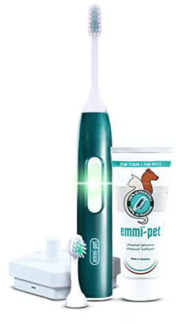 emmi-pet 2.0 Ultrasonic Dog Toothbrush & Toothpaste Set | Plaque Remover for Teeth Dogs & Cats | Silent & No Scrubbing | Small & Large Dog Toothbrush | 75ml