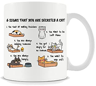 Getagift Six Signs That You are Secretly a Cat, Humorous Gift for Men, Women, Cat Lovers, Cat Owner, Crazy cat Lady Present, Novelty Mug, Unique Ceramic Coffee/Tea 11 oz Cup/Mug.