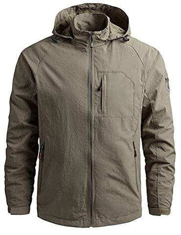 Minetom Hommes Veste de Randonnée Imperméables Softshell Coupe-Vent Outdoor Printemps Automne Sportif Manteau avec Capuche A Kaki L