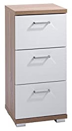 byLIVING Seitenschrank Nebraska/Sonoma Eiche-Optik hell-braun / 3 Schubkästen Hochglanz weiß lackiert/Kleiner Badschrank mit 3 Schubladen und silberfarbenen Griffen/B 35,5, H 74, T 31,5 cm