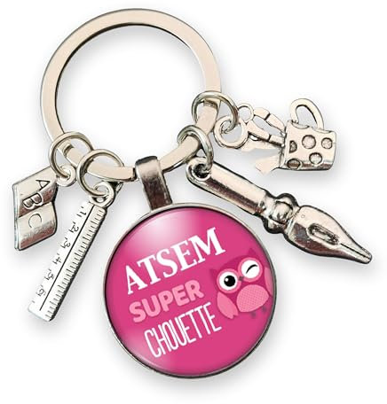 cadeau atsem école - cadeau de fin d'année scolaire - porte clés cabochon breloques « atsem super chouette » - enseignante - institutrice - professeur - remerciement - fait main - création
