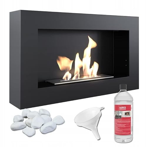 KRATKI Golf Flat Chimenea Interior de bioetanol + Guijarros + Embudo + Biocombustible 1L Biocontenedor de Pared 0,4 l Acero Pintado en Polvo Certificado TÜV 37 x 64 cm
