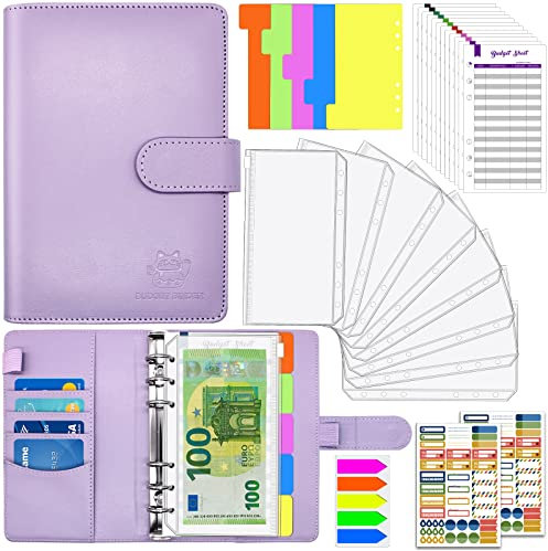 Aocii Budget Planner, Budget Binder A6, Geld Organizer, Bugetplaner mit Folien, Finanzplaner, Haushaltsbuch mit Geldfächer Umschlagmethode, Cash Stuffing Set mit Magnetschnalle (violett)