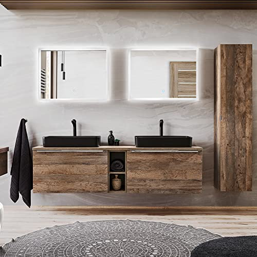Lomadox Badmöbel Komplett Set, Vintage Oak Eiche, 180 cm Doppel Waschtisch-Unterschrank, Regal, 2 Keramik-Aufsatzbecken, Hochschrank und 2 LED-Spiegel mit Touchfunktion