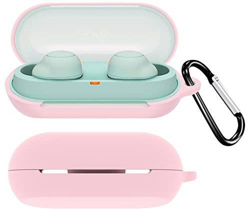 QINOUK for Sony WF-C500 Case,Dustproof,Shockproof and with D Shape Clip,Premium Soft Silicone Full Protective Case Compatible with Sony WF-C500-Pink