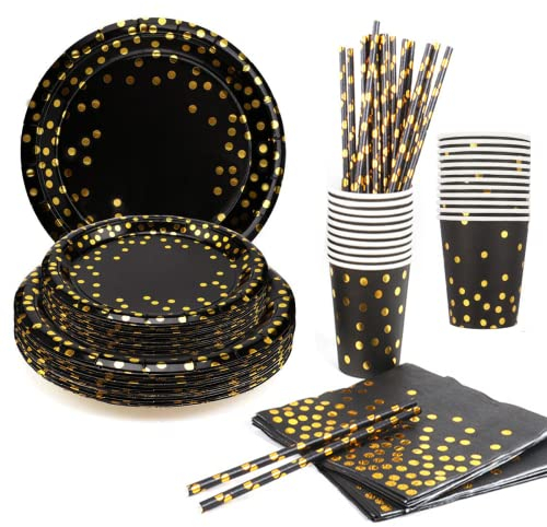 Assiette Jetable Anniversaire 125 pcs Assiette Carton Dessert Vaisselle Jetable Assiettes et Coupe Serviette Paille pour 2025 nouvelle année Diverses Fêtes et d'anniversaire Décorations (noir)