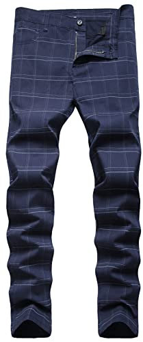 FEOYA Pantalon Chino à Carreaux Homme Stretch Pantalon Habillé Droit Élastique Ecossaise Pantalons Crayon Tartan Extensible Slim Ajusté Costume à Carreaux Bleu Taille 40