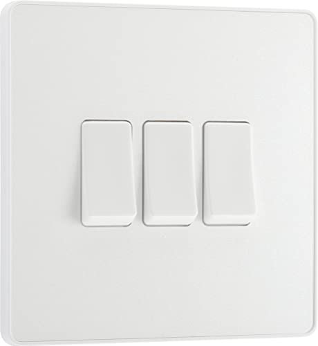 BG Electrical Triple Wall Light Switch, 2 Way, Screwless Front Plate, Round Edges, Evolve, Pearlescent White, 20A, 16AX, PCDCL43W