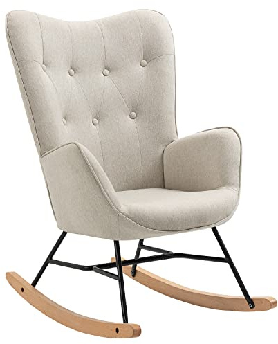 FURNISH 1 Schaukelstuhl, Schaukelstuhl, Bezug aus Stoff, beige, skandinavischer Stil, für Wohnzimmer, Schlafzimmer, Balkon