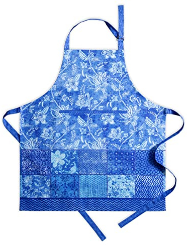 Maison d' Hermine Indigo Love 100% Baumwolle 1-teilige Küchenschürze mit verstellbarem Hals und versteckter Mitteltasche, Langen Krawatten für Frauen/Männer | Küchenchef | Kochen (70cm x 85cm)