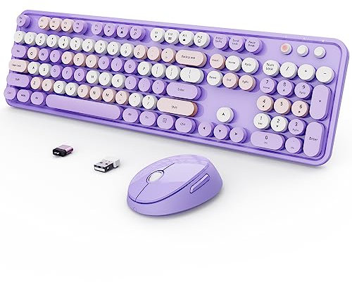 SkyGive Wireless Keyboard and Mouse Combo, Ergonomic Full Size Typewriter Retro Round Keycaps Keyboard, Compatible with Windows, PC, Perfer for Home and Office Keyboards (Purple