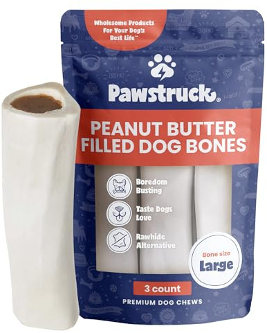 Pawstruck Large 5-6 Filled Dog Bones, Peanut Butter Flavor - Made in USA, Long Lasting Stuffed Femur for Aggressive Chewers, Dental Treat - Pack of 3, Packaging May Vary