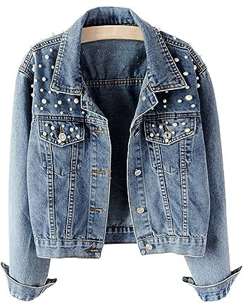 Vcindai Damen Jeansjacke Langarm Jacke Kurz Jeansjacke mit Perlen