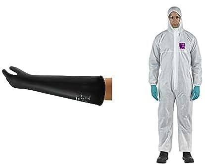 Ansell AlphaTec 87-108 Chemikalienschutz-Handschuhe aus Latex, Schwarz, Größe L (1 Paar) + AlphaTec 1500 Model 138, Einweg-Schutzanzug mit Kapuze, Wasserdichter, Weiß, Größe L (1 Stück)