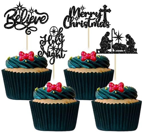 24 Stück Weihnachtskrippe Cupcake Topper Glitzer Holy Night Blessed Hope Believe Jesus Geburtstag Cupcake Picks für Krippe Thema Merry Christmas Party Kuchen Dekorationen Supplies Schwarz