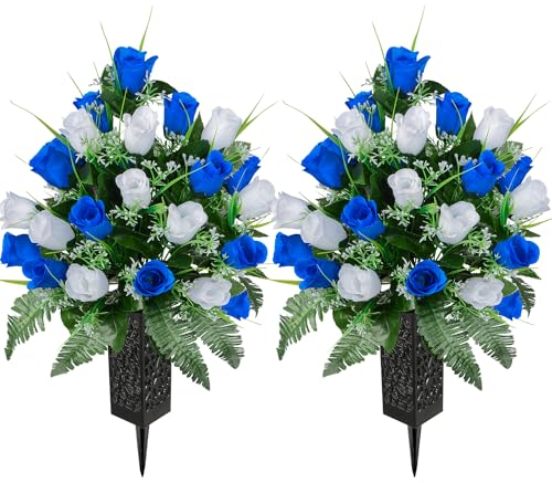 SIFOEL 2 Piezas de Flores Artificiales Cementerio con florero, Rosa Artificial Tumba Flores conmemorativas para la decoración de la lápida del Cementerio (Dark Blue&White-24T)