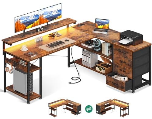 ODK Schreibtisch mit Schubladen, Reversible Eckschreibtisch mit 2 Steckdosen und 2 USB Ladeanschluss, Bürotisch L Form mit LED für Home Office 155×110cm (Vintage-braun)