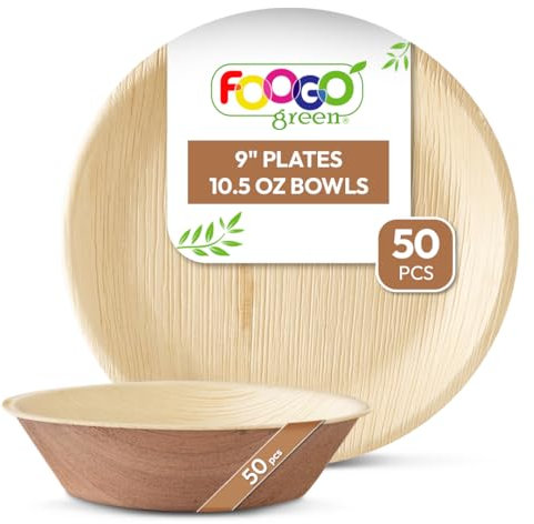 FOOGO Green 100pcs Disposable Palm Leaf Plates and Bowls, 50x Large Round Plates, 50x Bowls, Disposable Bamboo, Eco Biodegradable, Strong Paper Party, Picnic Camping