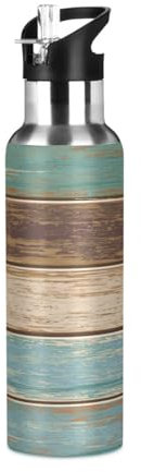 Ksajwzf Borraccia termica in acciaio inox con struttura in legno, per bambini, con coperchio con cannuccia, stile vintage, a prova di perdite, per bici, corsa, passeggiate all'aperto, 590 ml