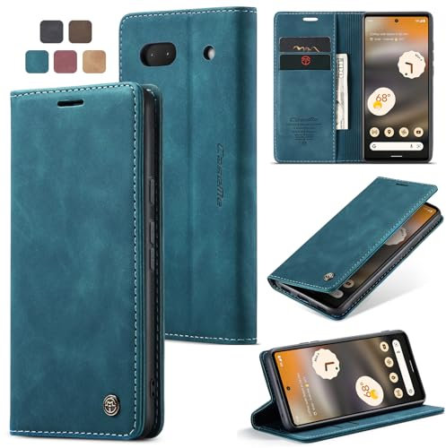 Cracedily Handyhülle für Google Pixel 6A Hülle, Klapphülle Premium Lederhülle Klappbar Flip Case Tasche Magnet Kartenfach Standfunktion Klapphülle Schutzhülle für Google 6A Handyhülle, Blaugrün