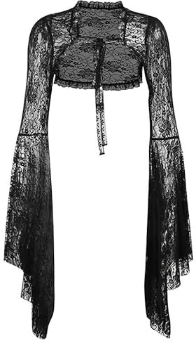 YINGWIN Gothic lace Bell Sleeve Cardigan T-shirt Women Flare Sleeve See Through Sexy Smock Top Elegant Aesthetic Cropped Tops Black