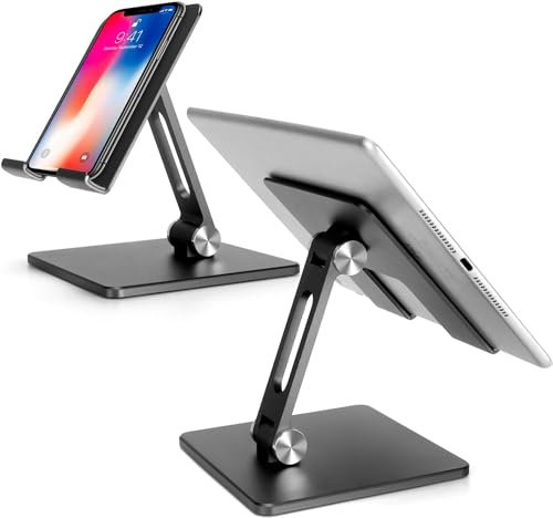 Genérico Soporte Tablet y Telefono. Ajustable, Plegable, Acero, Doble Altura y Ángulo (Gris)