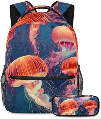 Unterwasser-Schulranzen-Set mit Quallen, 2-teilig, großes Fassungsvermögen, Rucksack mit Federmäppchen, perfekt für Studenten, Jugendliche und Reisen, Unterwasser-Quallen, Größe L