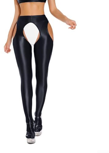Legging transparent brillant ouvert à l'entrejambe, pantalon de danse et de yoga extensible pour femme, Noir , XL