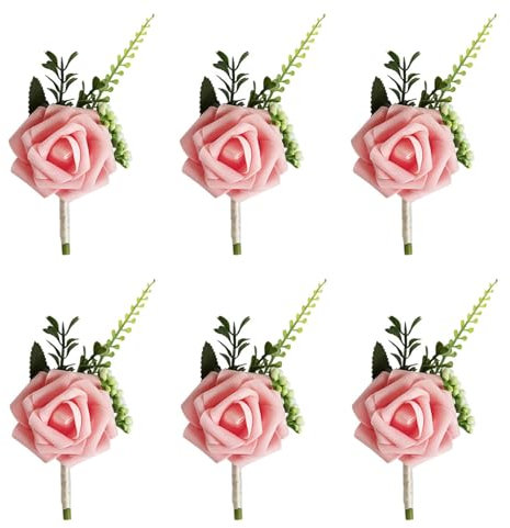 6 Stück Hochzeit Braut Blumen Anstecker, Rose Blumen Anstecker, Hochzeitsanstecker der Männer, Hochzeitsbrosche, Hochzeit Rose Blumen Anstecker, für Party Prom Männer Anzug Dekoration (Rosa)