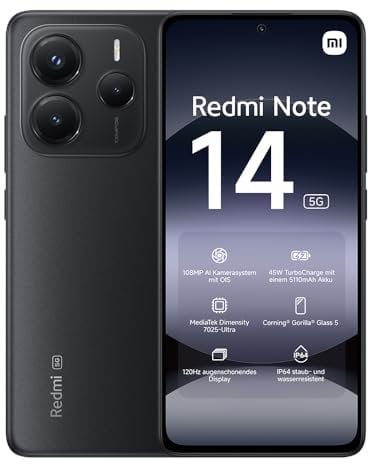 Xiaomi Redmi Note 14 5G Smartphone, 8 + 256GB, Black, 108MP AI-Kamerasystem, 5110mAh Akku, 120Hz Augenschutzdisplay, AI-Funktionen (kein Ladegerät enthalten)