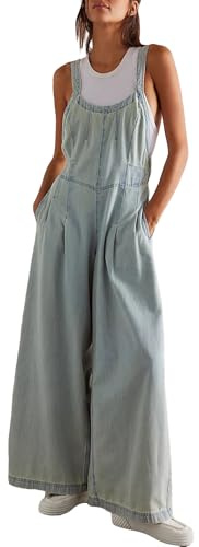 D-Sun Damen-Denim-Overall, weites Bein, Latzhose, verstellbarer Riemen, ärmellos, Jeans-Overall, rückenfrei, elastische Taille, Strampler