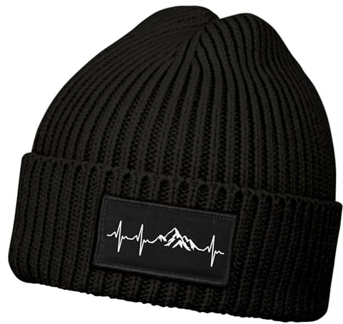 Neverless® Herren Beanie Wintermütze Patch Aufdruck Herzschlag Berge Wanderfreunde Print Strickmütze Rippstrick