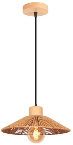 LIGKIN Lustre Suspension Industrielle Vintage Suspension Luminaire Bois Ø30cm Créative Chapeau Abat-jour en Métal et Rotin E27 Lampe à Suspension Rétro pour Salle à Manger Chambre Salon