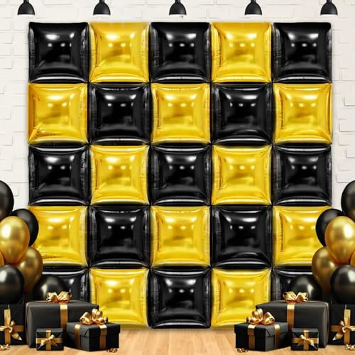 MEMOVAN Black Gold Square Foil Balloons Wall Backdrop Double Sided Metallic Black Gold Balloons Tunnel Arch Garland Black and Gold Party Decorations For Graduation Anniversary New Years Birthday 25pcs