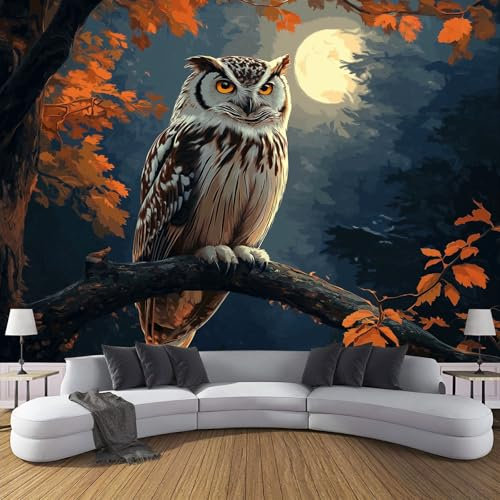 MIATCENRT Panoramique Murale 396X280Cm (L×H), Chouette Lune Papier Peint Tissu En Soie Décoration Murale Poster, Forêt Tableaux Muraux Salon Chambre Papier Peint 3D Fond Effet