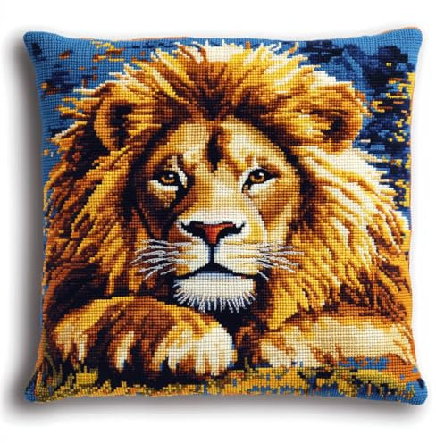 ASONGLINGO Kit Tapis Au Point Noué, Kit de crochet de verrouillage, coussin de avec motif pré-imprimé sur toile faite à la main, Point Noué Coussin 43x43cm(Lion animal)