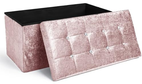 Home Republic Crushed Velvet Ottoman Storage Box – Foldable Cube Ottoman with Lid – Multipurpose Toy Chest, Foot Rest, Bench Seat & Nursery Storage Solution (Pink Blush, 76W)