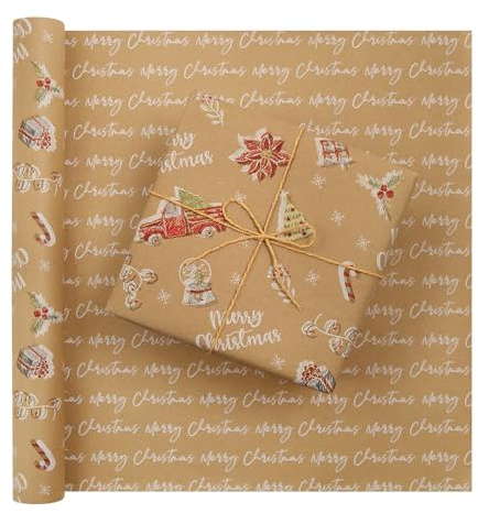 Weihnachts-Geschenkpapierrolle, 43 x 300 cm, Aufschrift Merry Christmas, Geschenkpapier, Kreide, Zeichenstil, Vintage-Truck, rote Blume, Stechpalme, Braun, Kraftpapier für Weihnachten, Mädchen