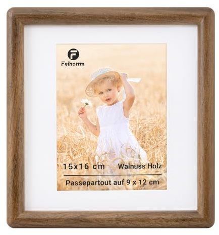 Feihorrm Bilderrahmen 15x16, Walnuss Fotorahmen mit Gehärtetem Glas | Rahmen mit Passepartout für 9x12 Foto, Bilderrahmen Holz für Wohnzimmer, Schlafzimmer, Büro, Wand & Tischbilderrahmen