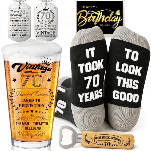 Joybble 70th Birthday Gifts for Men, 70th Birthday Decorations Beer Glass in Vintage Box, Valentine's Day Gift Beer Glasses Gift Ideas, Presents for Men, Funny Socks & Keychain & Bottle Opener