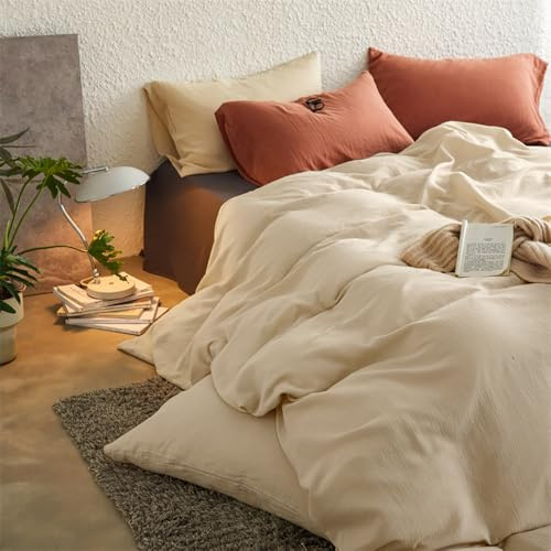 Covebett Doppelte Musselin Bettwäsche 135x200 Beige Uni 100% Baumwolle Bettbezug Set 2 Teilig Aesthetic Weiche Atmungsaktiv Bettwäsche-Sets mit Reißverschluss und 1 Kissenbezüge 80x80 cm